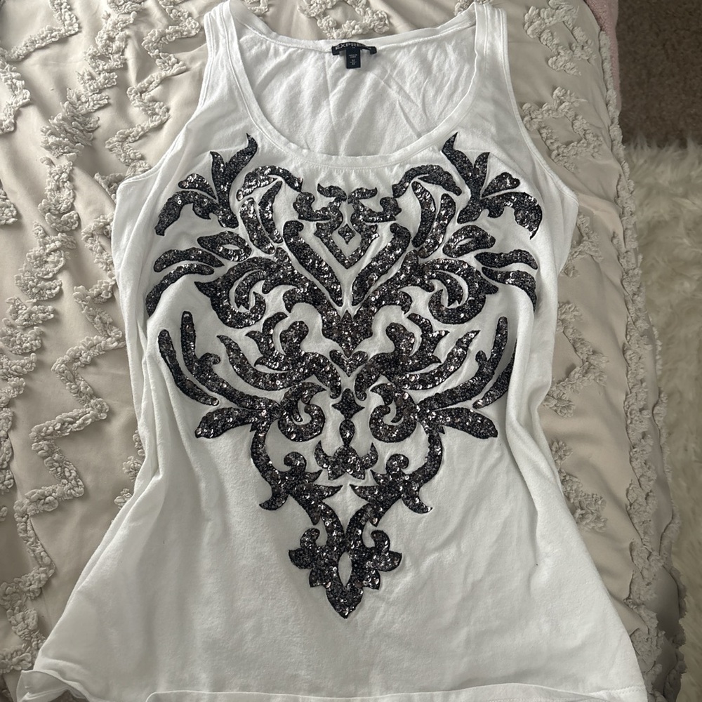 Express White Sleeveless Tank with Black Sequin Filigree - Women's Top
